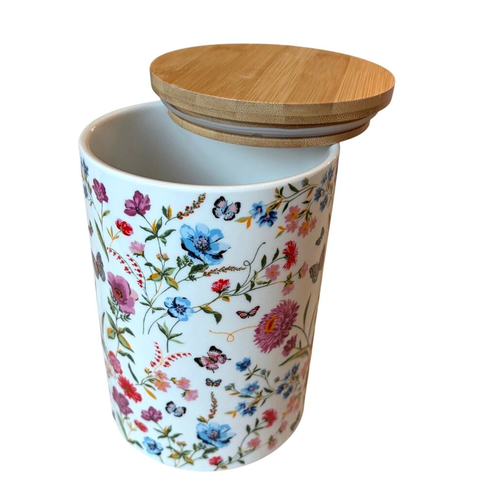 Grace Teaware Porcelain Canister w/ Wooden Lid Spring Floral Butterflies 8in NEW - Picture 3 of 15